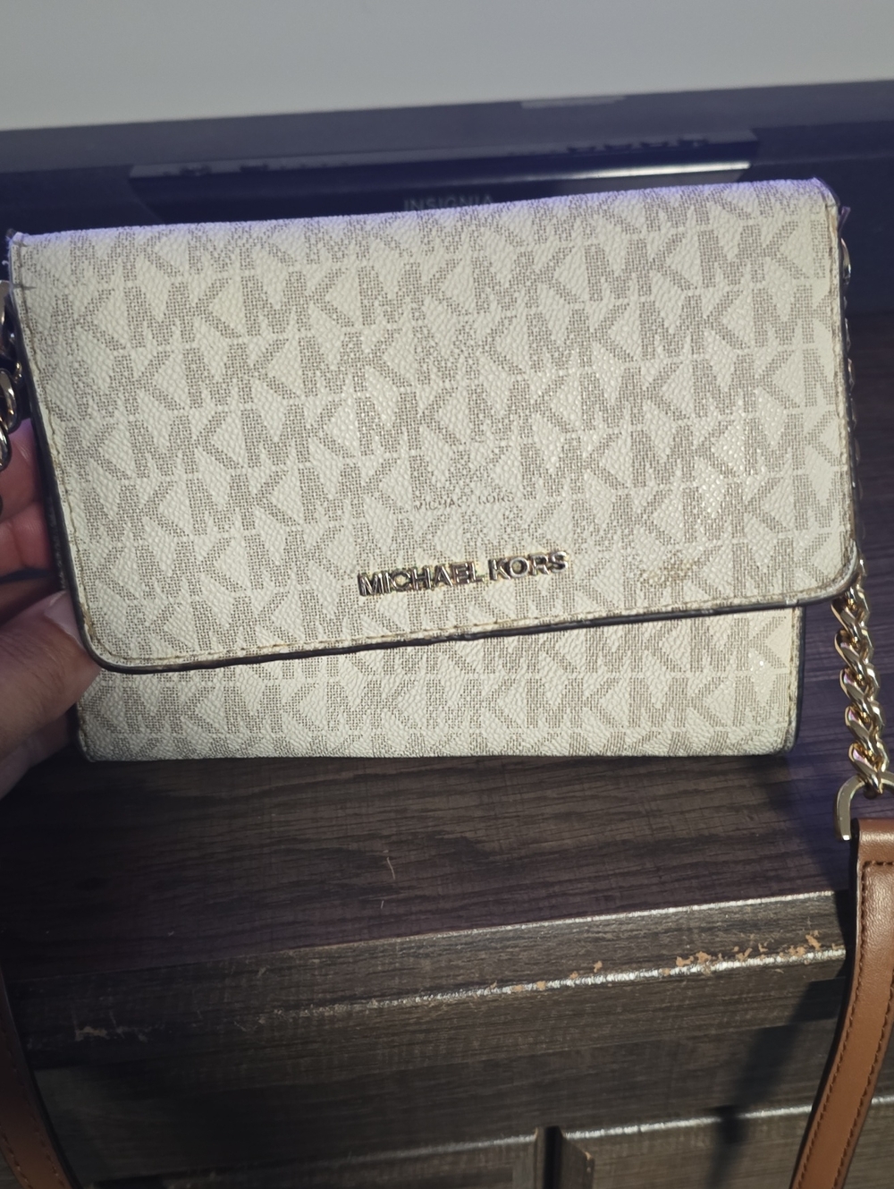 Michael Kors Beige MK Logo Crossbody Wallet with Gold Hardware